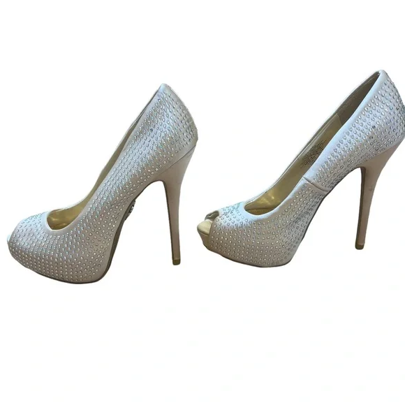 JLO Jennifer Lopez Blingy Blush 6 M Rhinestone Heels~ Dress Shoes Peep Toe - Picture 4 of 13